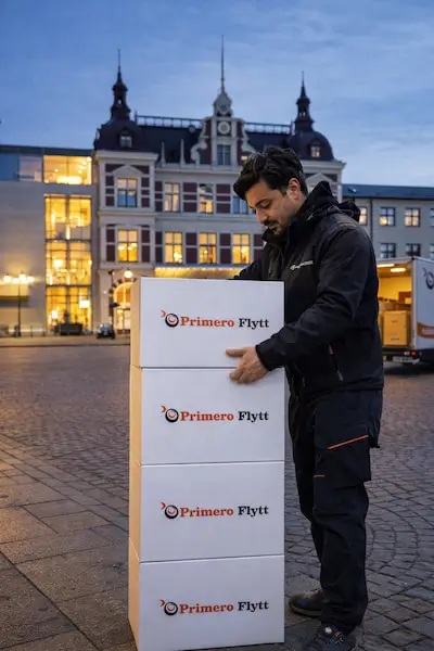 Primero Flytt hanterar flyttlådor vid kommunhuset i Kristianstad