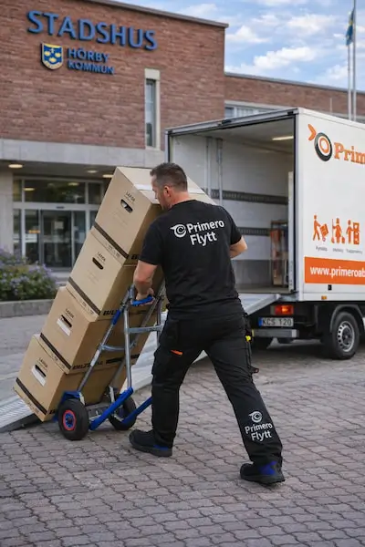 Primero Flytt lastar flyttlådor i Hörby
